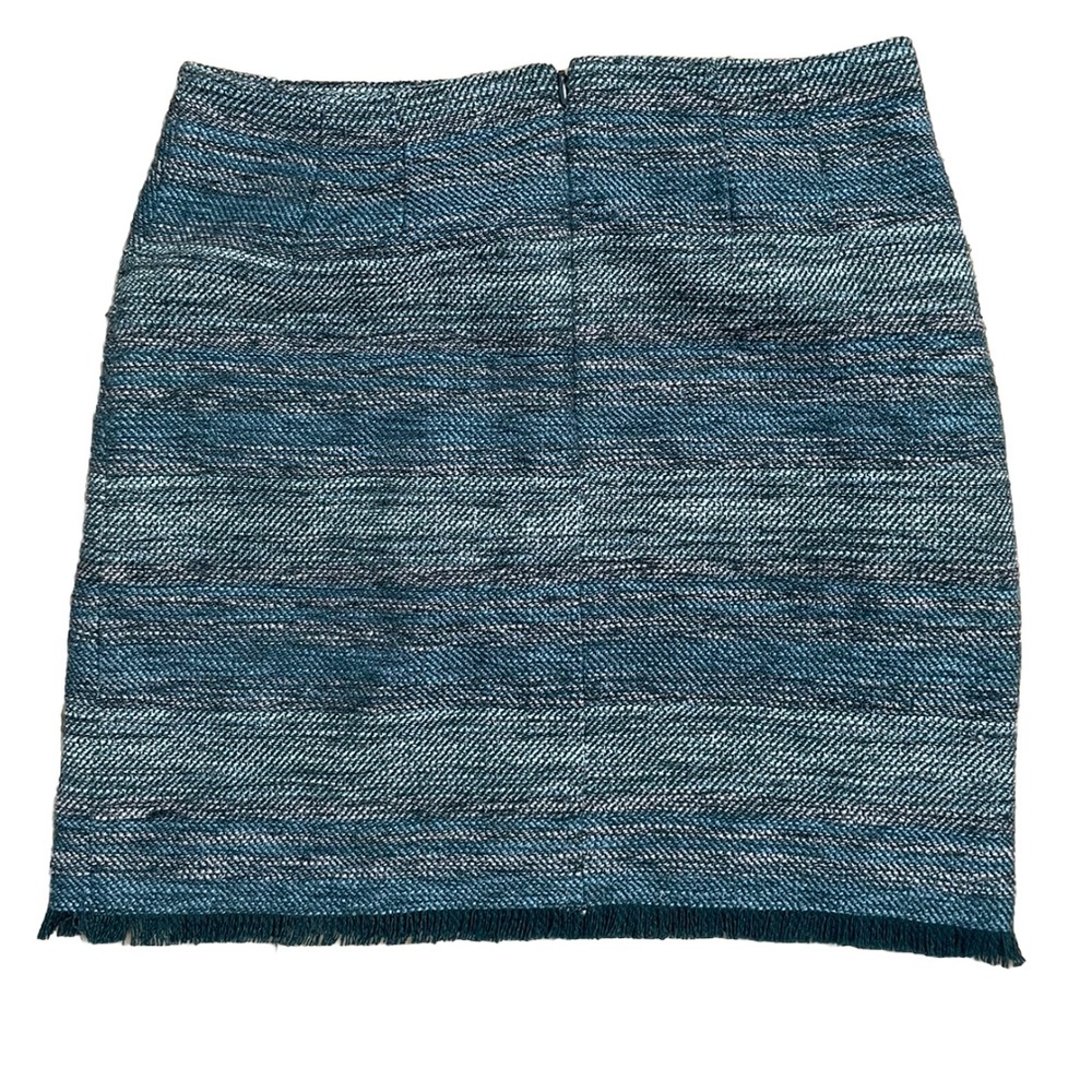 Ann Taylor Loft Womens Tweed Fringe Skirt Size 8 Teal Gray Lined Pockets Zip - Picture 2 of 10